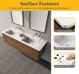Meuble-Lavabo Mural 60po Noyer avec Comptoir de Surface solide Blanc Mat