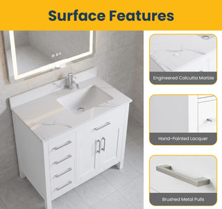 36" White Freestanding Single Sink Bathroom Vanity with Engineered Calcutta Marble Countertop