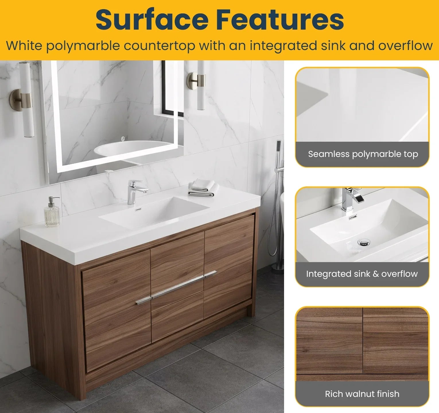 60" Walnut Freestanding Single Sink Bathroom Vanity with White Polymarble Countertop