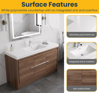 60" Walnut Freestanding Single Sink Bathroom Vanity with White Polymarble Countertop