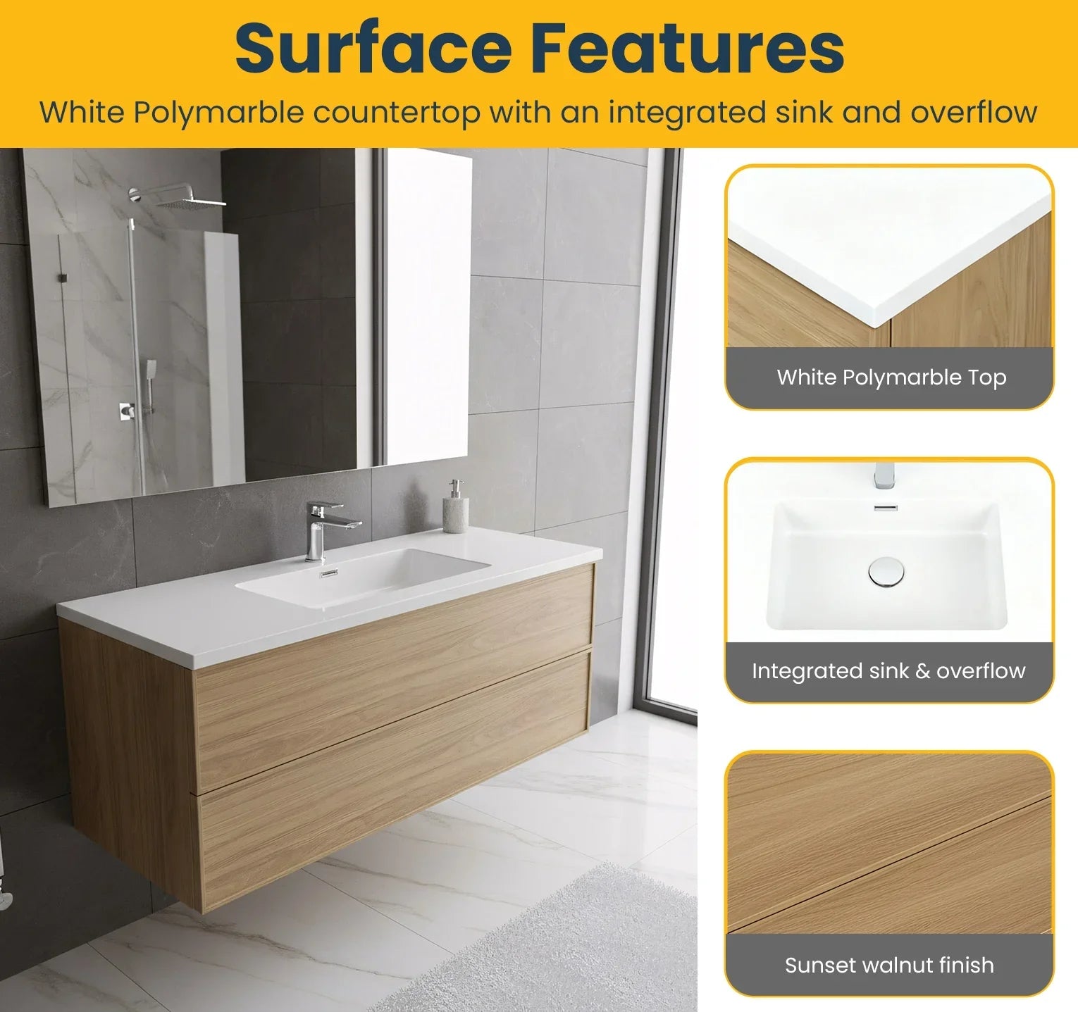 48" Sunset Walnut Wall Mount Vanity with White Polymarble Countertop - Luxe Collection