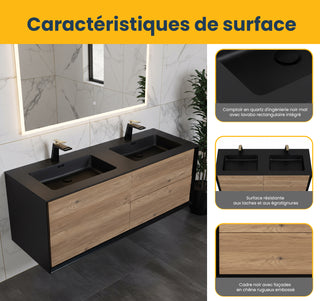 60" Black & Rough Oak Wall Mount Double Sink Bathroom Vanity with Black Engineered Quartz Countertop