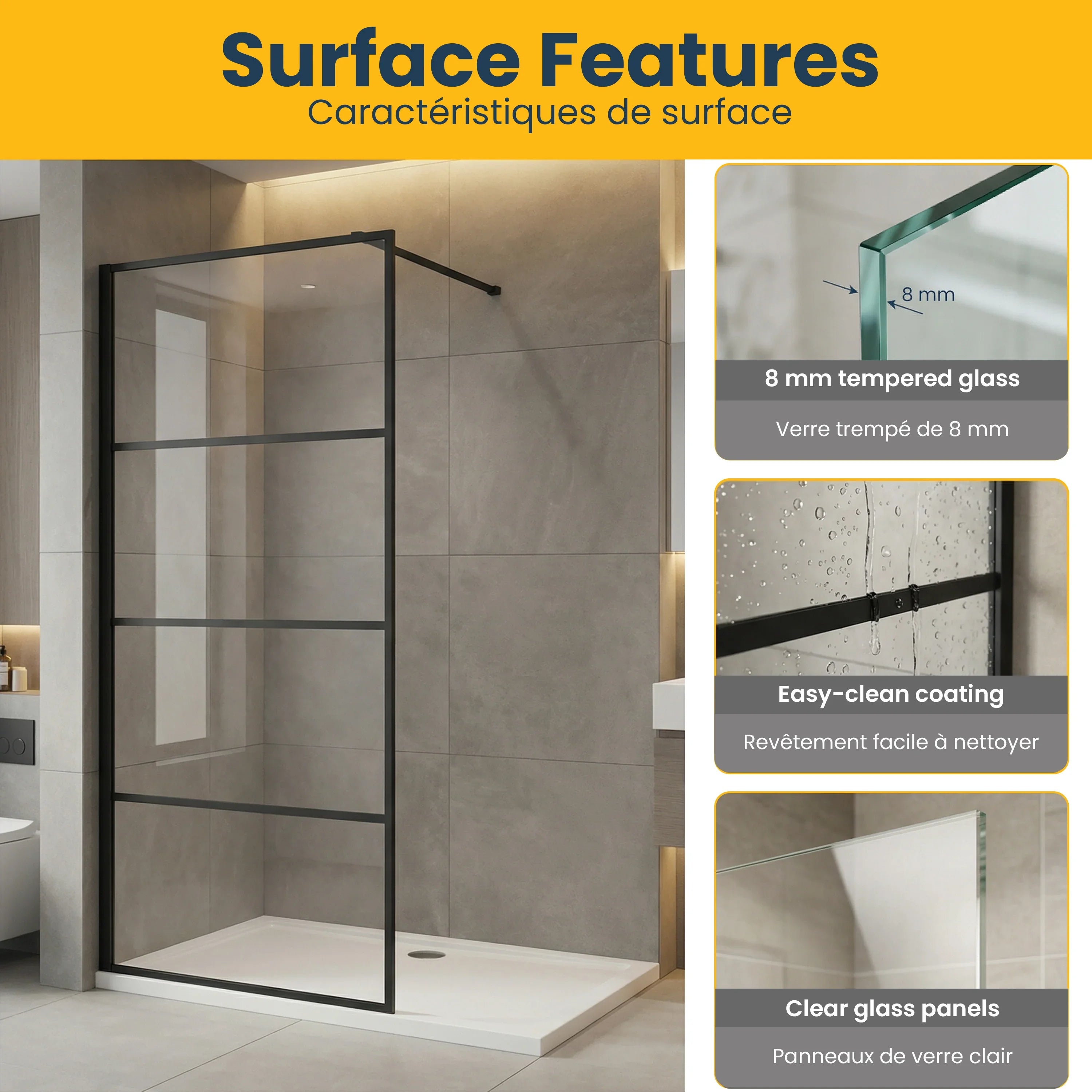 34" x 79" Fixed Reversible Walk-In Shower Panel in Matte Black with Clear Glass