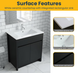 Meuble-Lavabo Autoportant 30po Brun Foncé avec Comptoir de Céramique Blanc