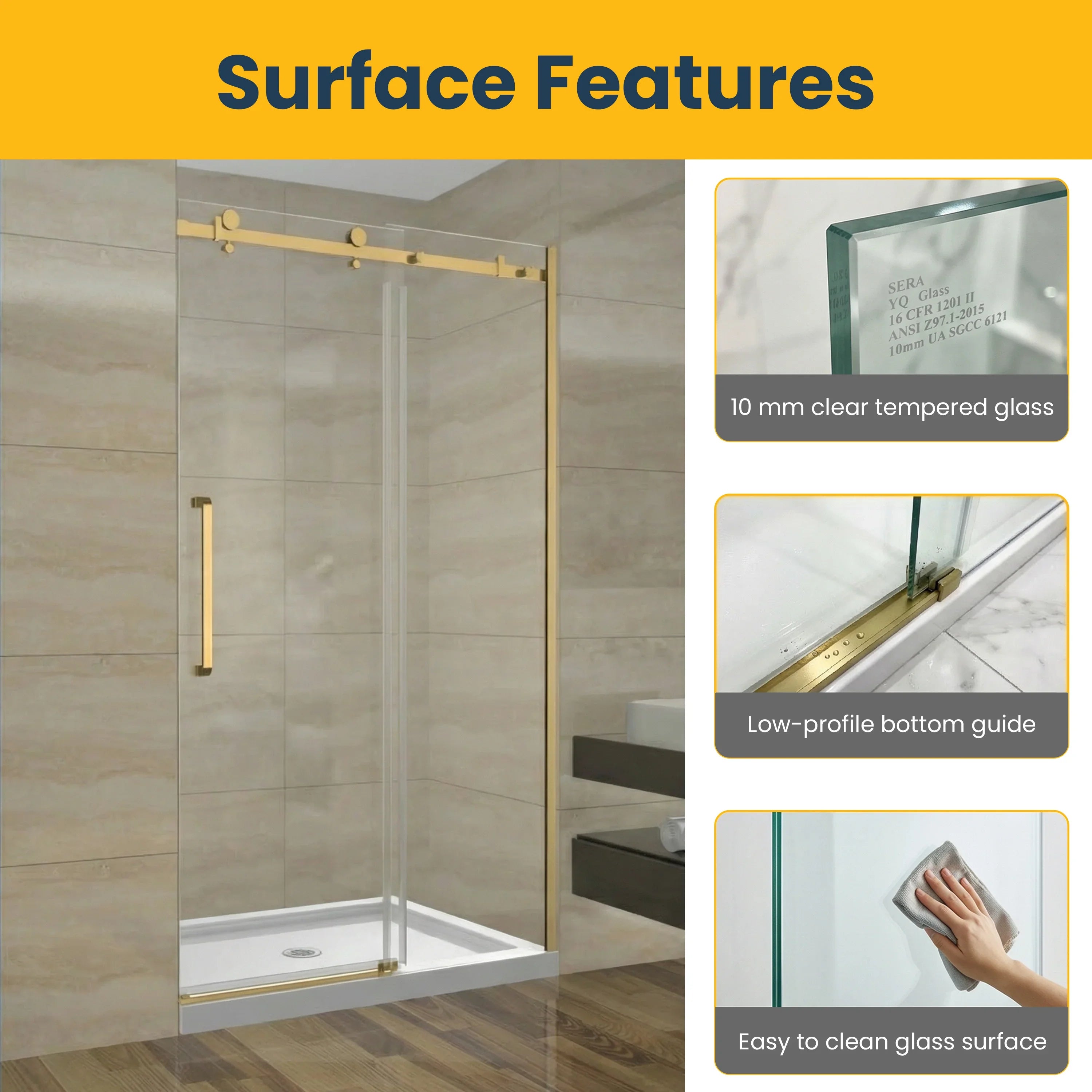 48" x 75" Brushed Gold Alcove Reversible Sliding Shower Door with Square Hardware