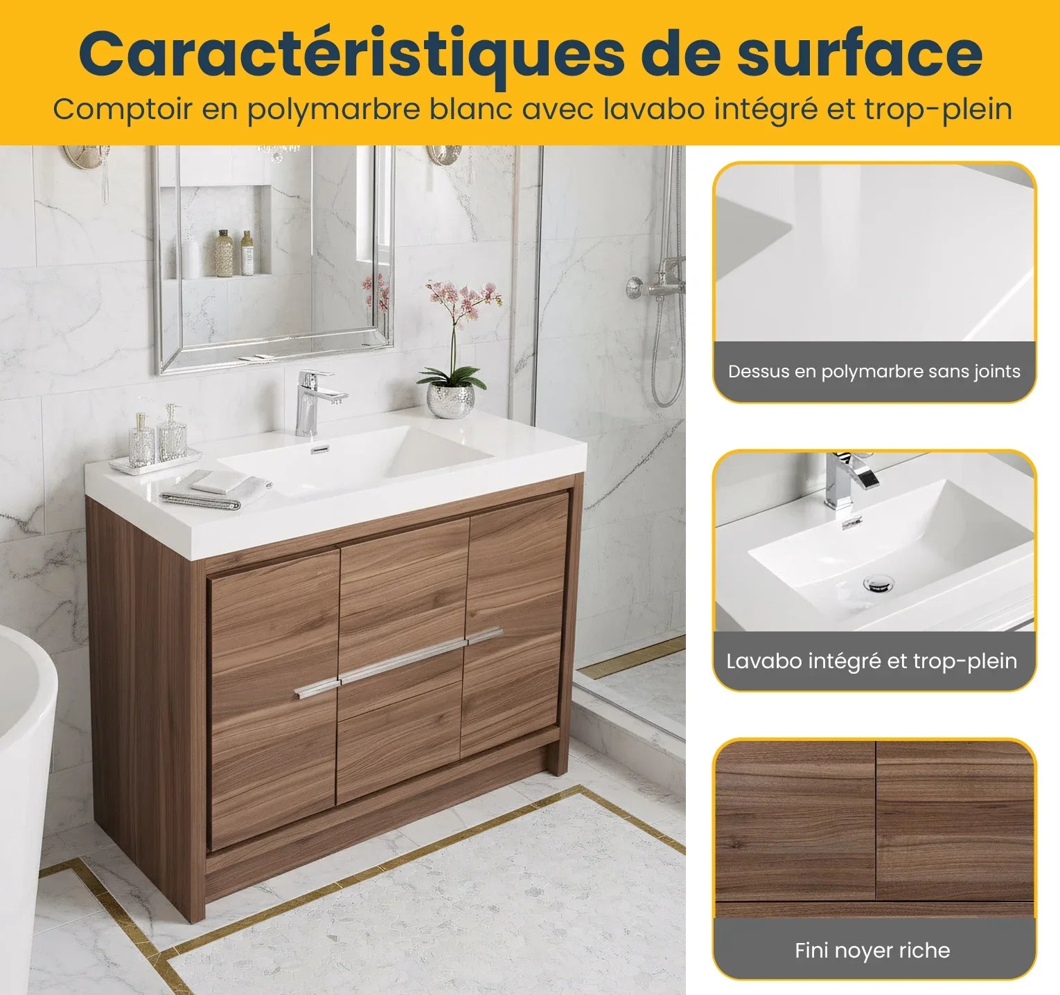 42" Walnut Freestanding Bathroom Vanity with White Polymarble Countertop