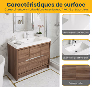 42" Walnut Freestanding Bathroom Vanity with White Polymarble Countertop
