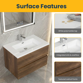 30" Walnut Wall Mount Single Sink Bathroom Vanity with White Polymarble Countertop
