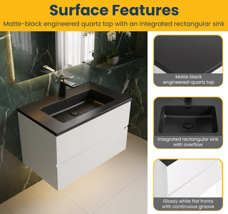 Meuble-lavabo mural blanc 30" pour salle de bain avec Comptoir en quartz noir reconstitué