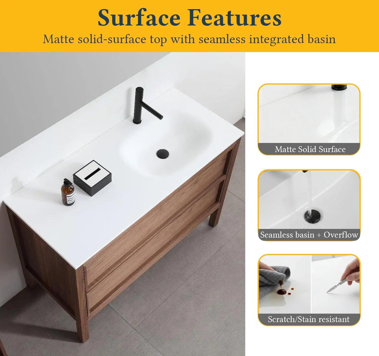 48" Natural Walnut Freestanding Single Sink Bathroom Vanity with White Solid Surface Countertop