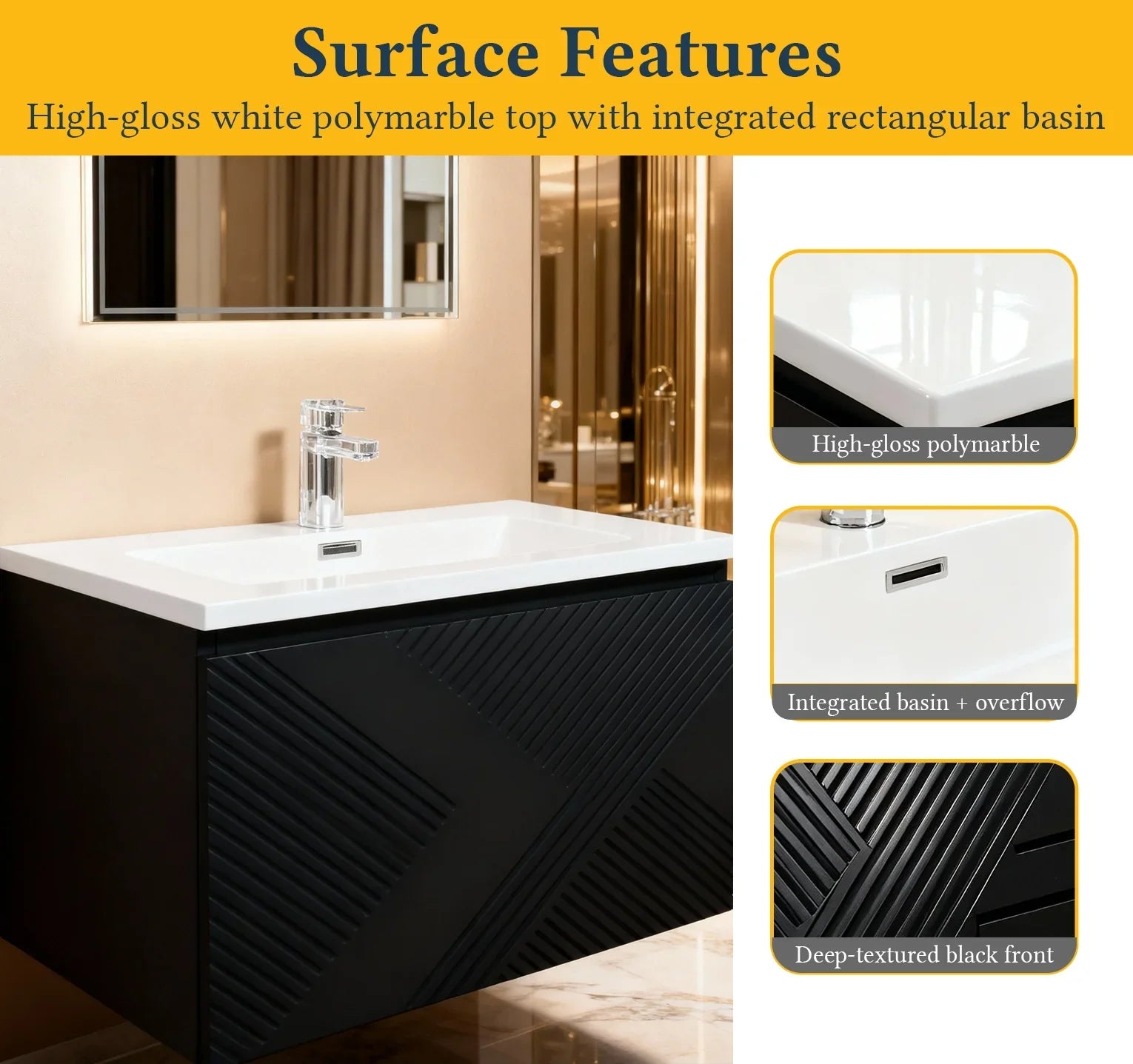 30" Black Wall Mount Bathroom Vanity with White Polymarble Countertop