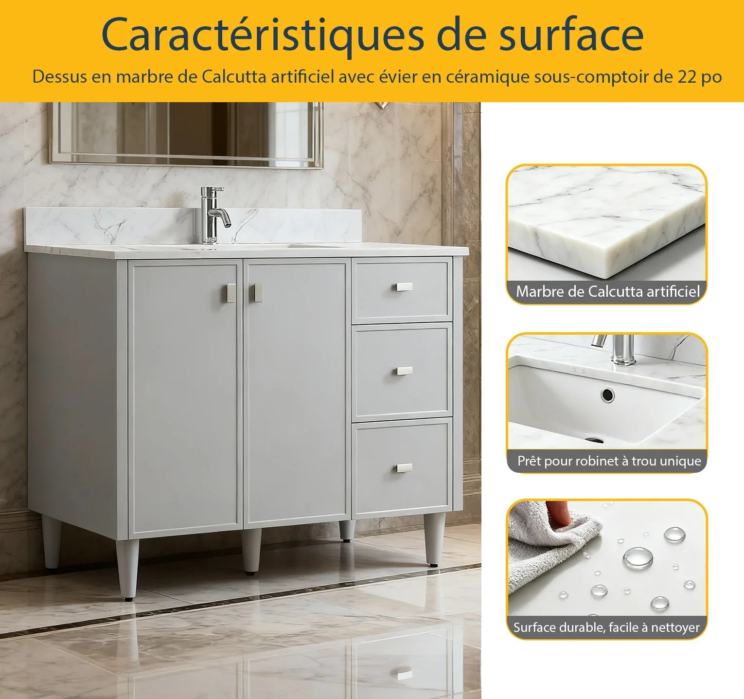 Meuble-Lavabo Autoportant 42po Gris Hampton avec Comptoir de Marbre Ingénierie Calcutta