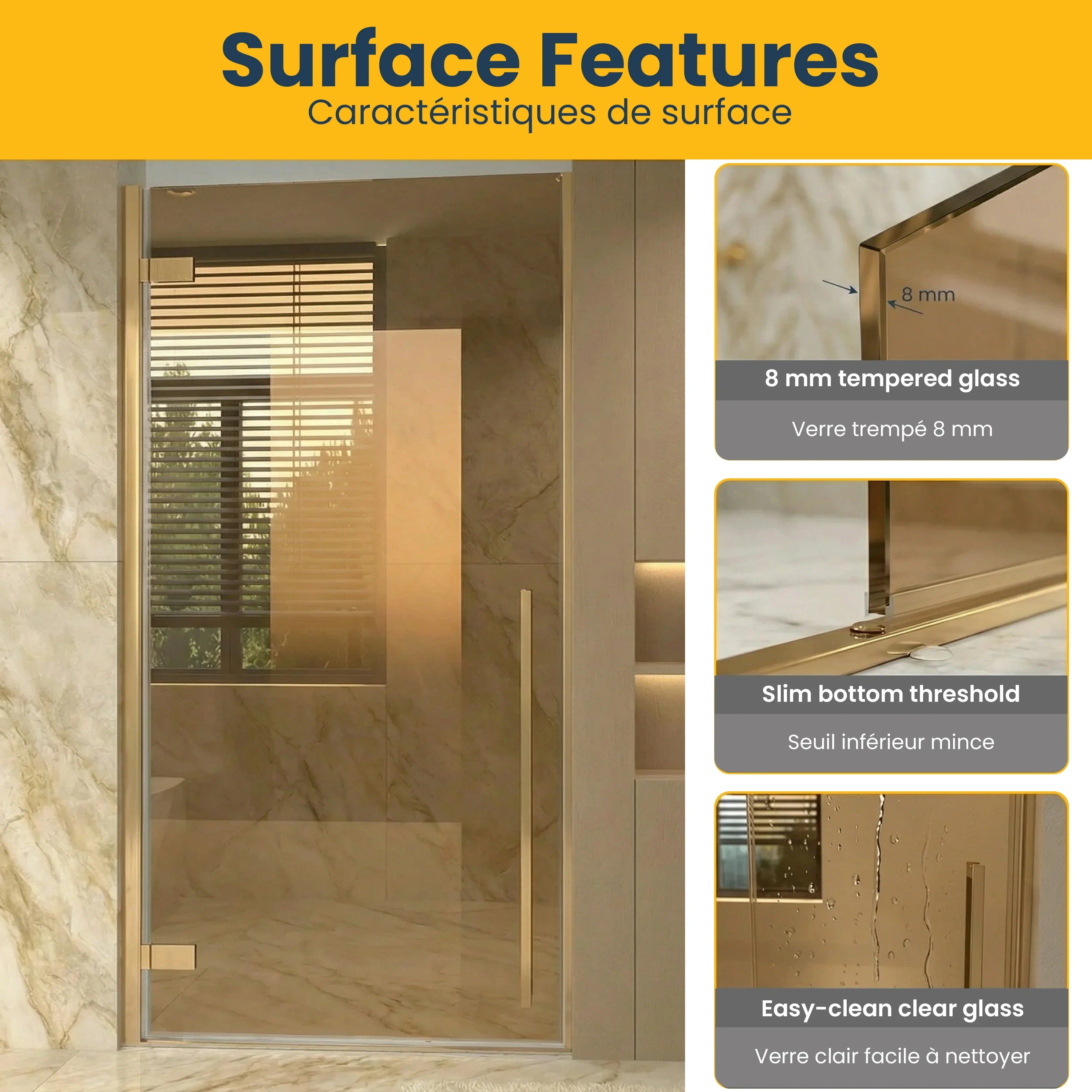 Porte de Douche Pivotante Réversible 36po x 79po Or Brossé avec Verre Teinté Brun