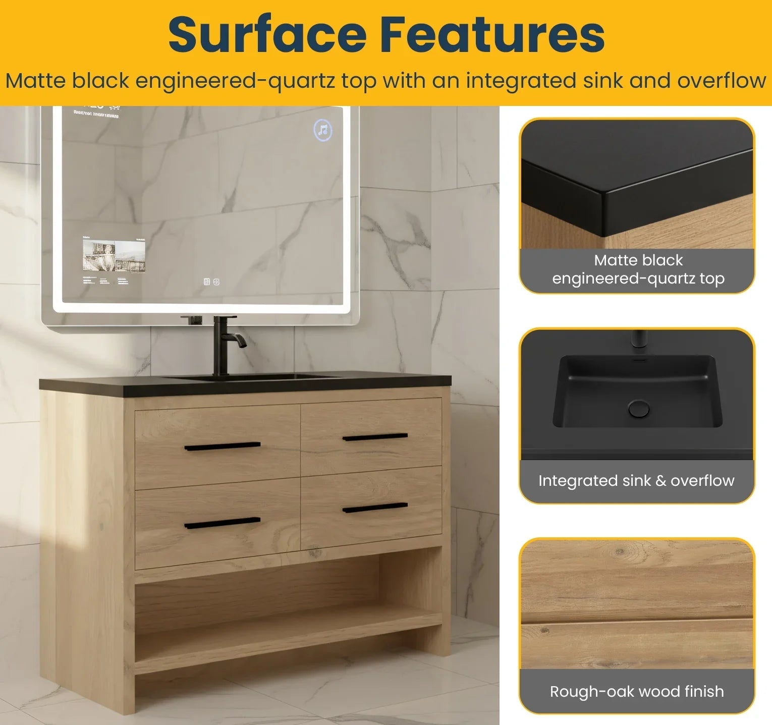 48" Rough Oak Freestanding Bathroom Vanity with Black Engineered Quartz Countertop