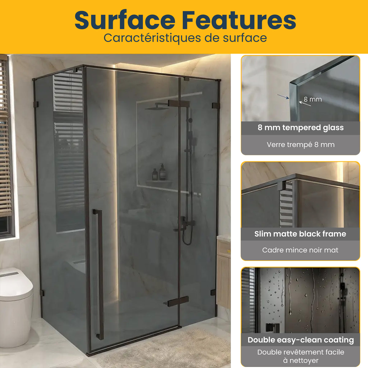 45,6po–46po L (largeur ajustable) x 79po H Porte de douche pivotante réversible sans cadre en noir mat avec panneau latéral 34,1po–34,5po – verre teinté noir