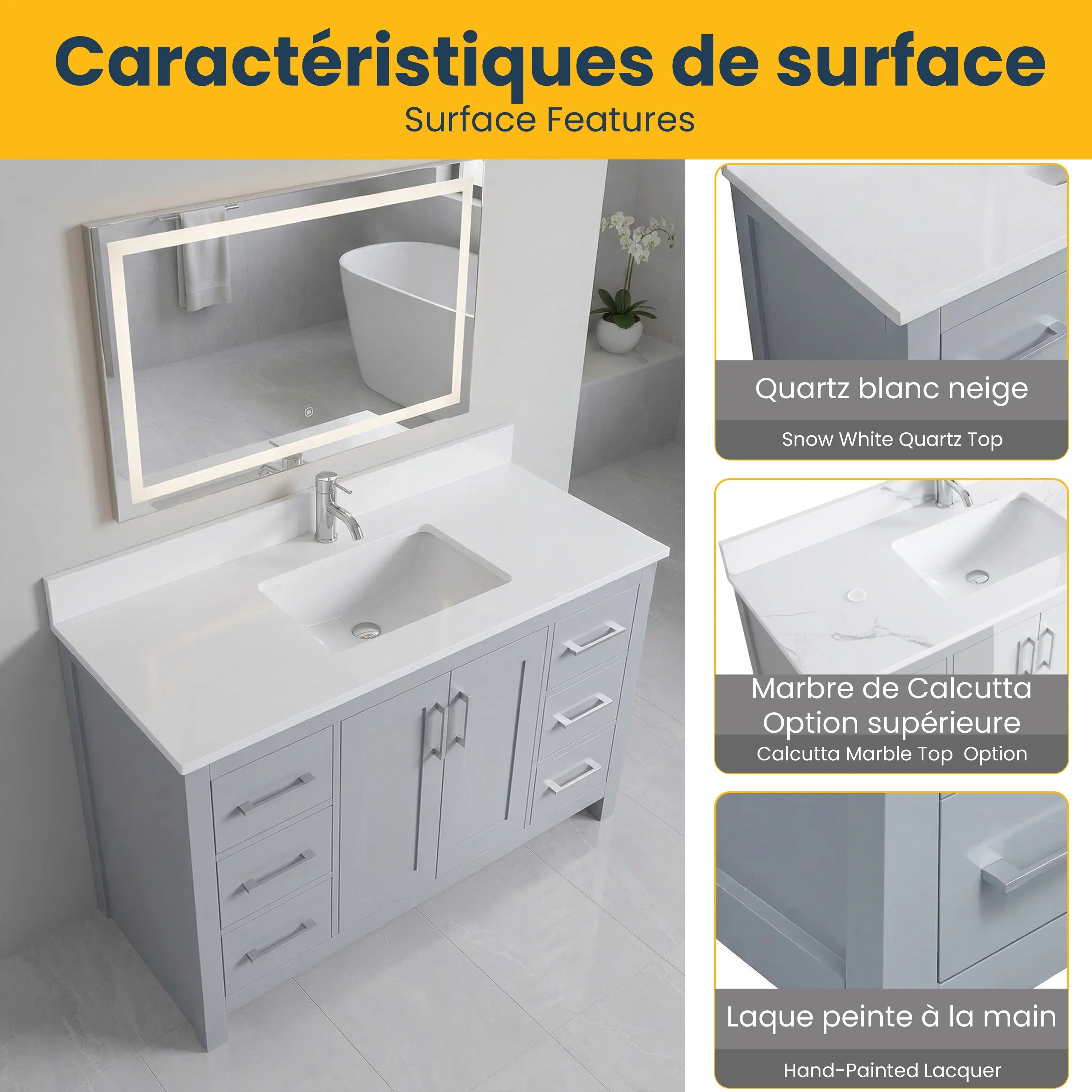 Meuble-lavabo autoportant gris Hampton 42po avec comptoir en marbre blanc reconstitué