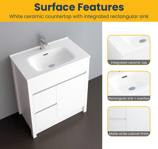 30" Matte White Freestanding Bathroom Vanity with White Ceramic Countertop