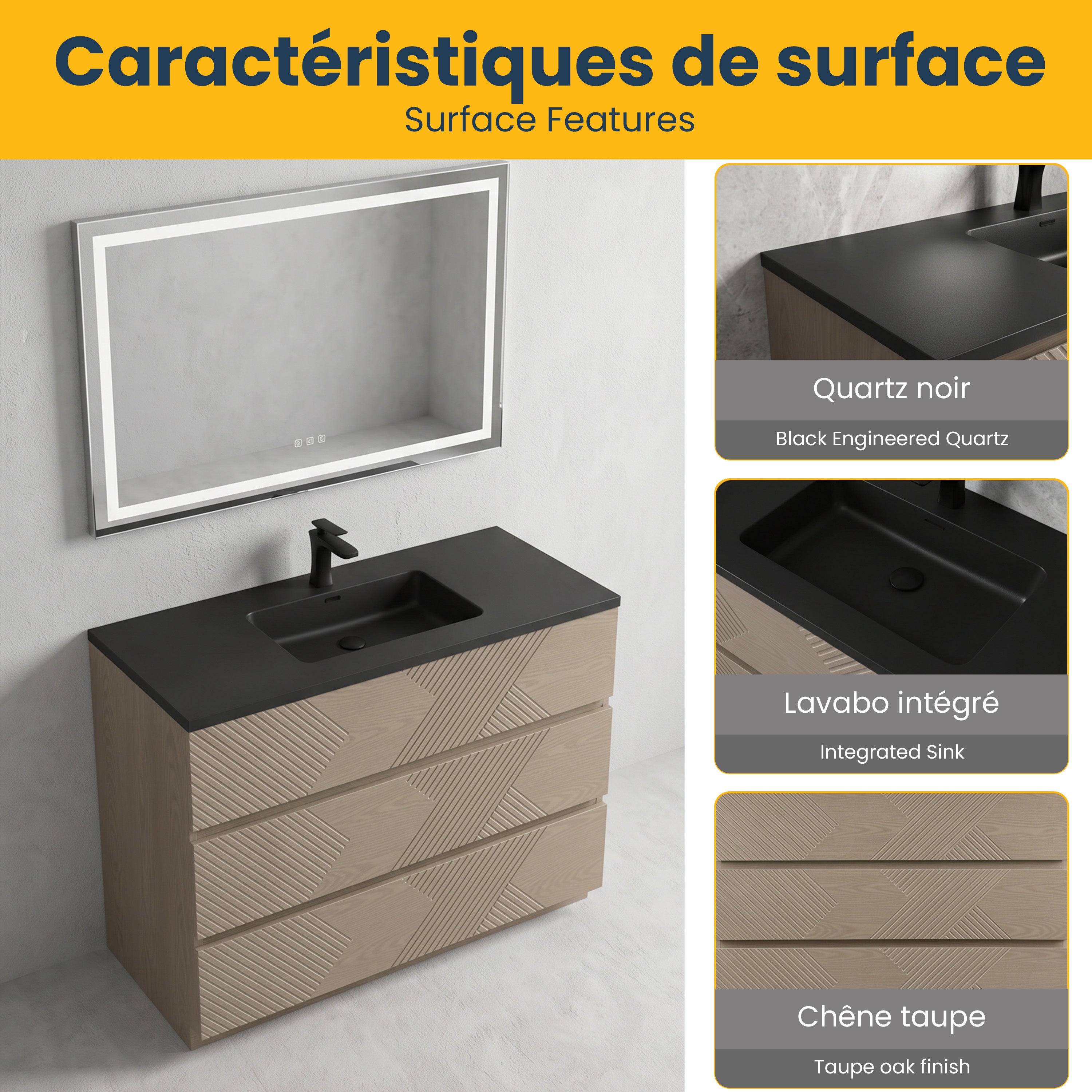 48" Taupe Oak Freestanding Vanity with Black Engineered Quartz Countertop
