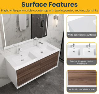 Meuble-Lavabo Mural 48po Noyer avec Comptoir de Polymarbre Blanc