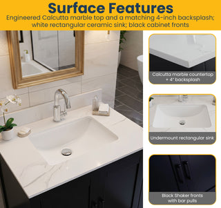 Meuble-lavabo autoportant noir 30" avec Comptoir en marbre Calcutta reconstitué