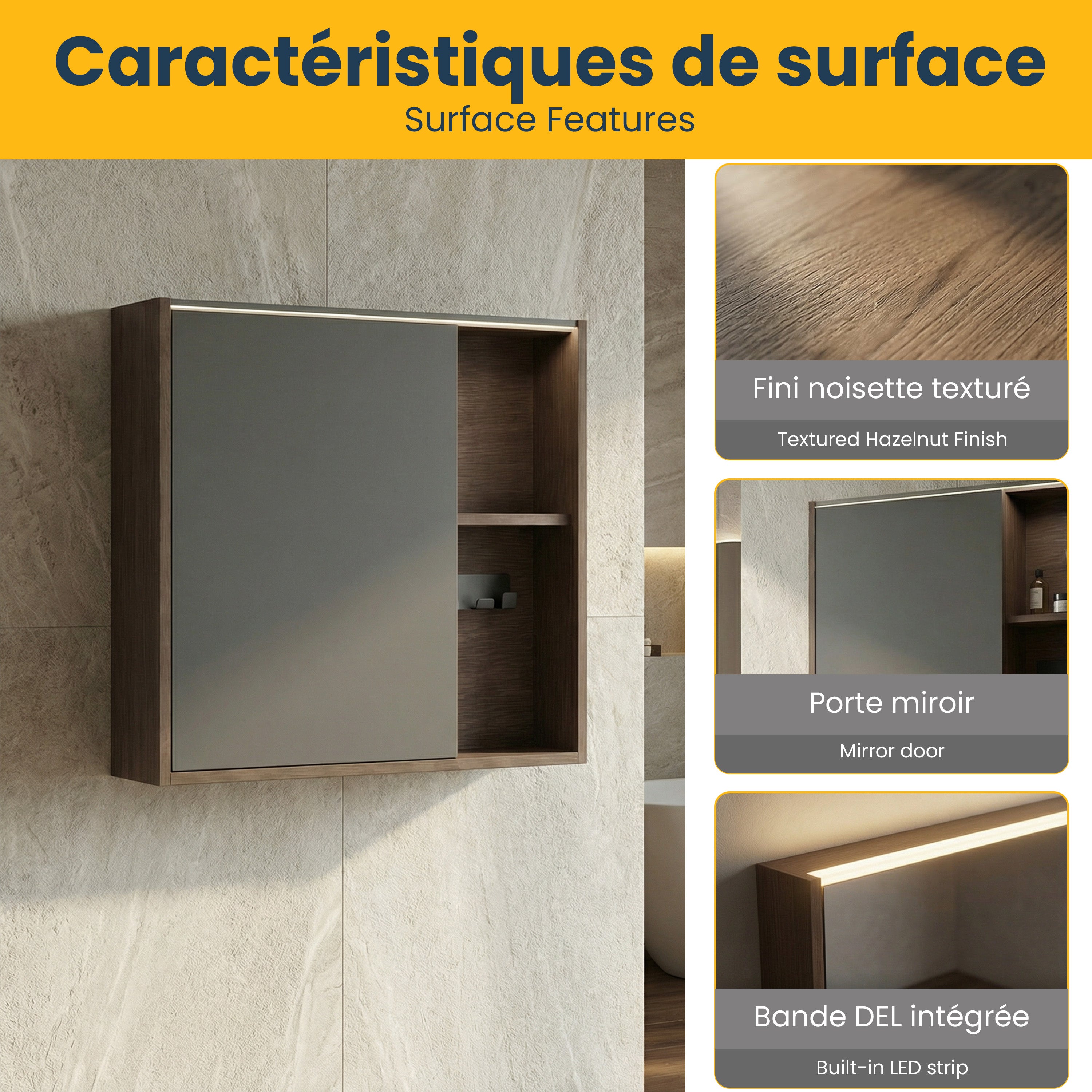 Armoire à pharmacie DEL 40po en noisette avec portes à fermeture douce