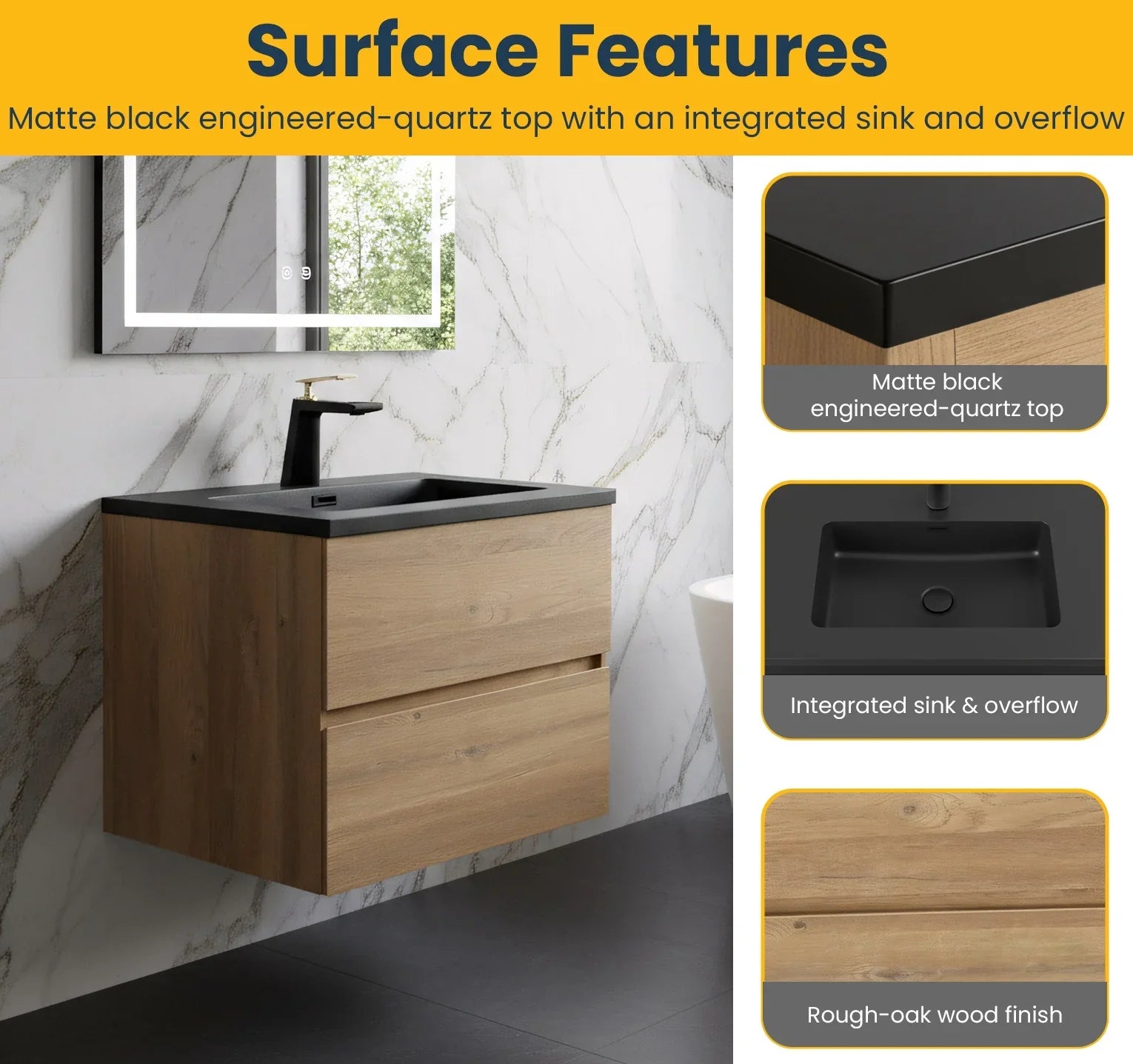 Meuble-Lavabo Mural 24po Chêne Brut avec Comptoir de Quartz d'ingénierie Noir