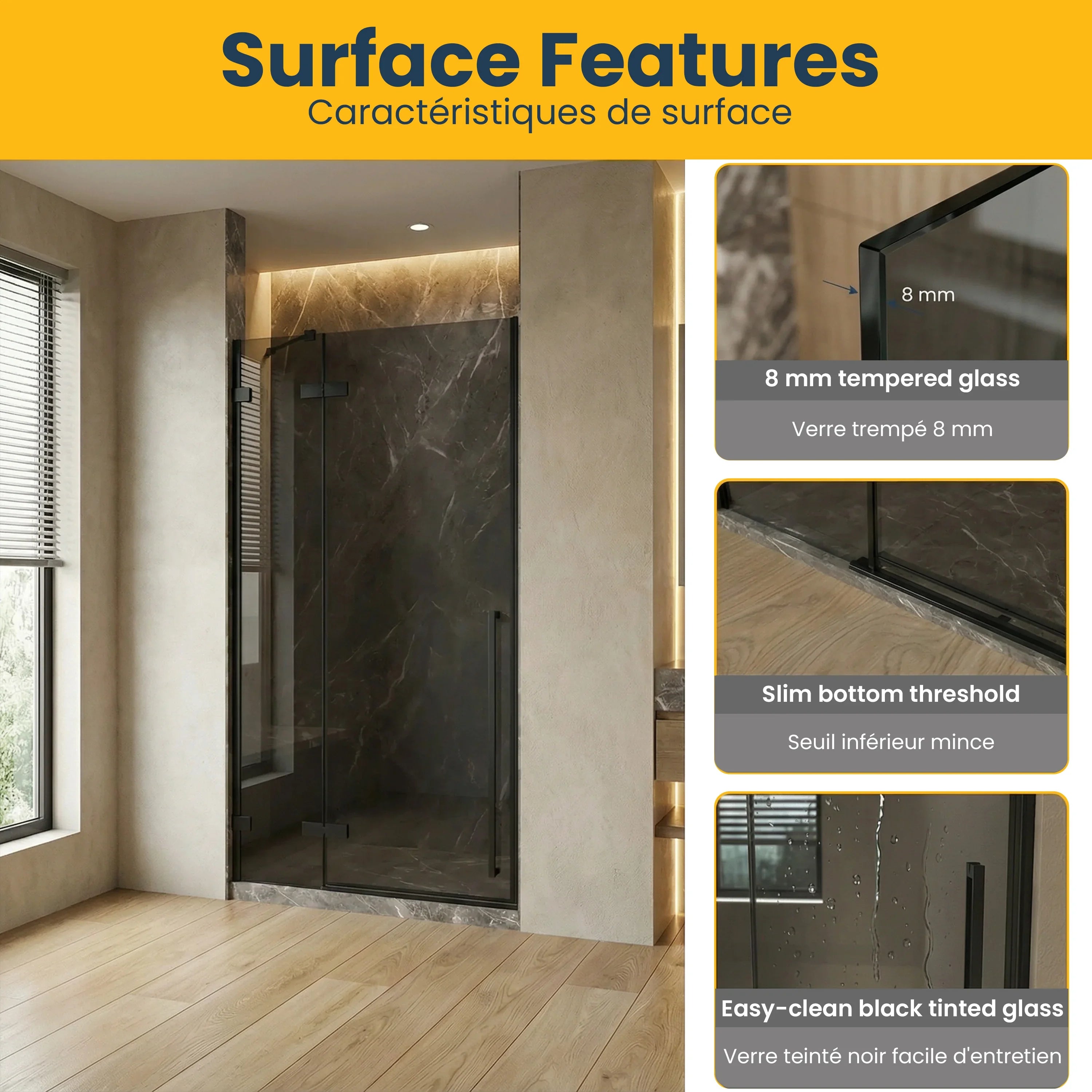 Porte de douche pivotante réversible 48po x 79po noir mat avec verre teinté noir