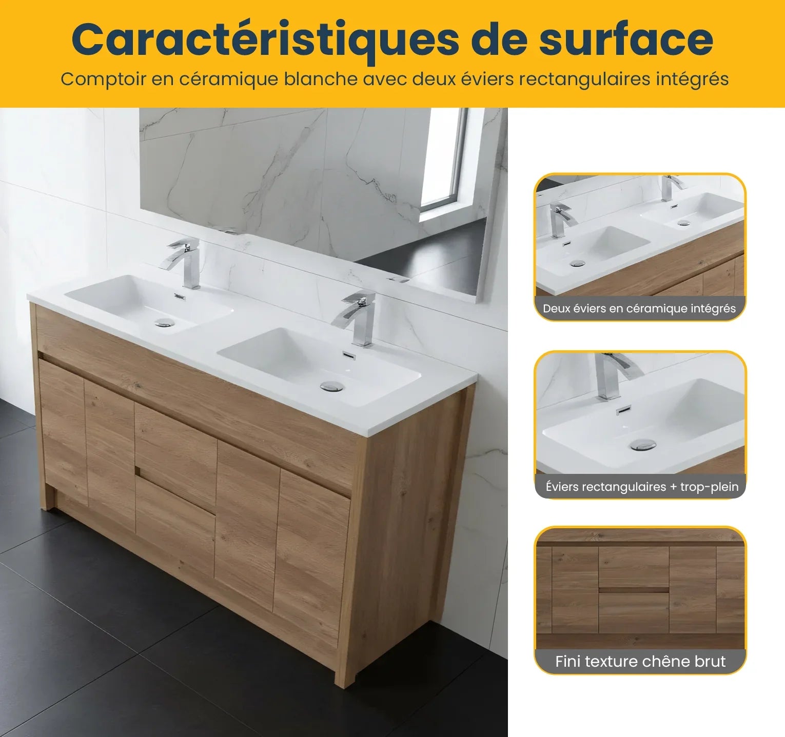 60" Rough Oak Freestanding Double Sink Bathroom Vanity with White Polymarble Countertop