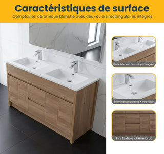 60" Rough Oak Freestanding Double Sink Bathroom Vanity with White Polymarble Countertop