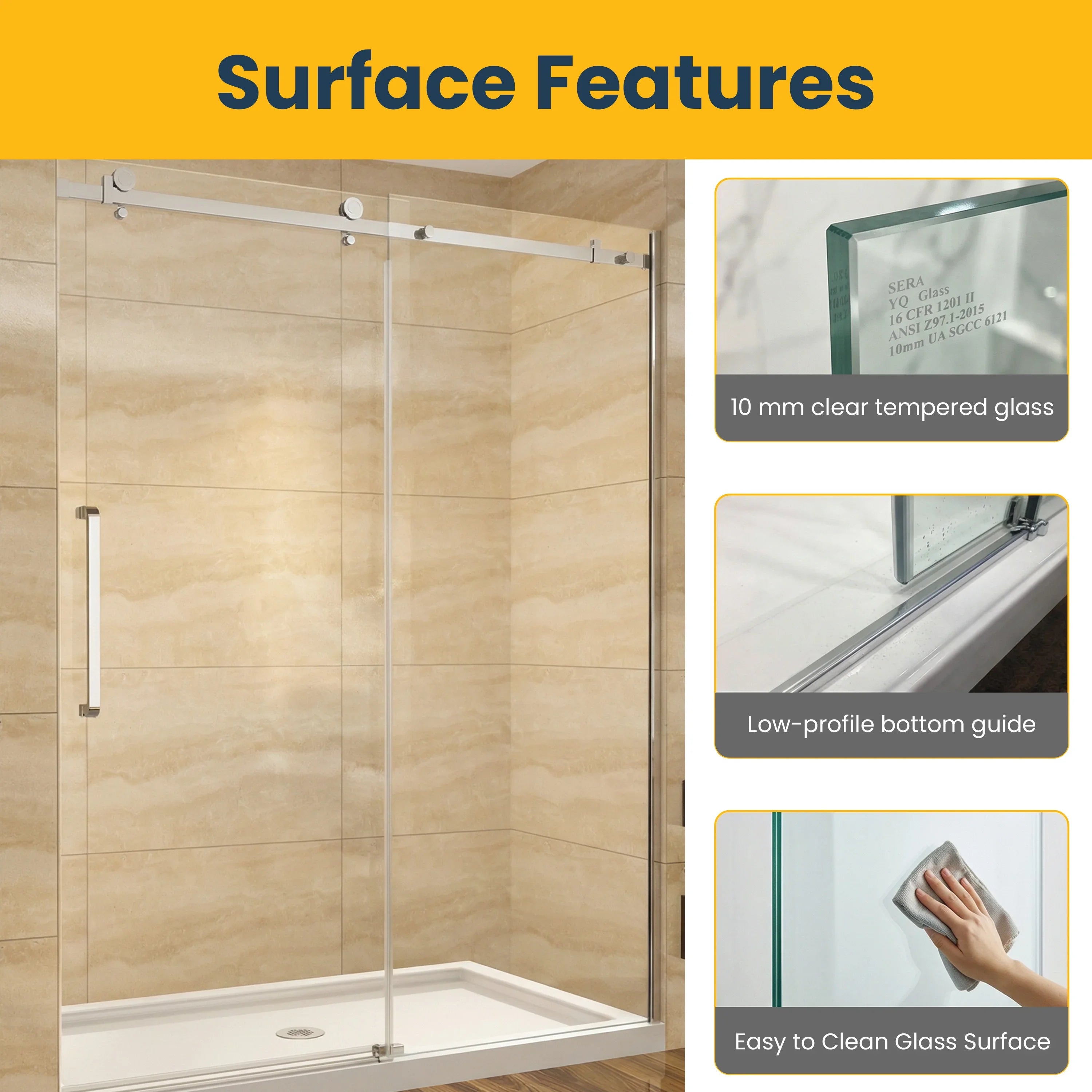60" x 75" Alcove Reversible Sliding Shower Door with Square Chrome Hardware – 10mm Tempered Glass