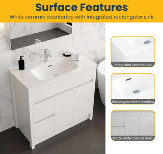 Meuble-Lavabo Autoportant 36po Blanc Mat avec Comptoir de Céramique Blanc