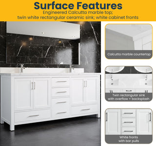 Meuble-Lavabo Autoportant 72po Blanc avec Comptoir de Marbre Ingénierie Calcutta