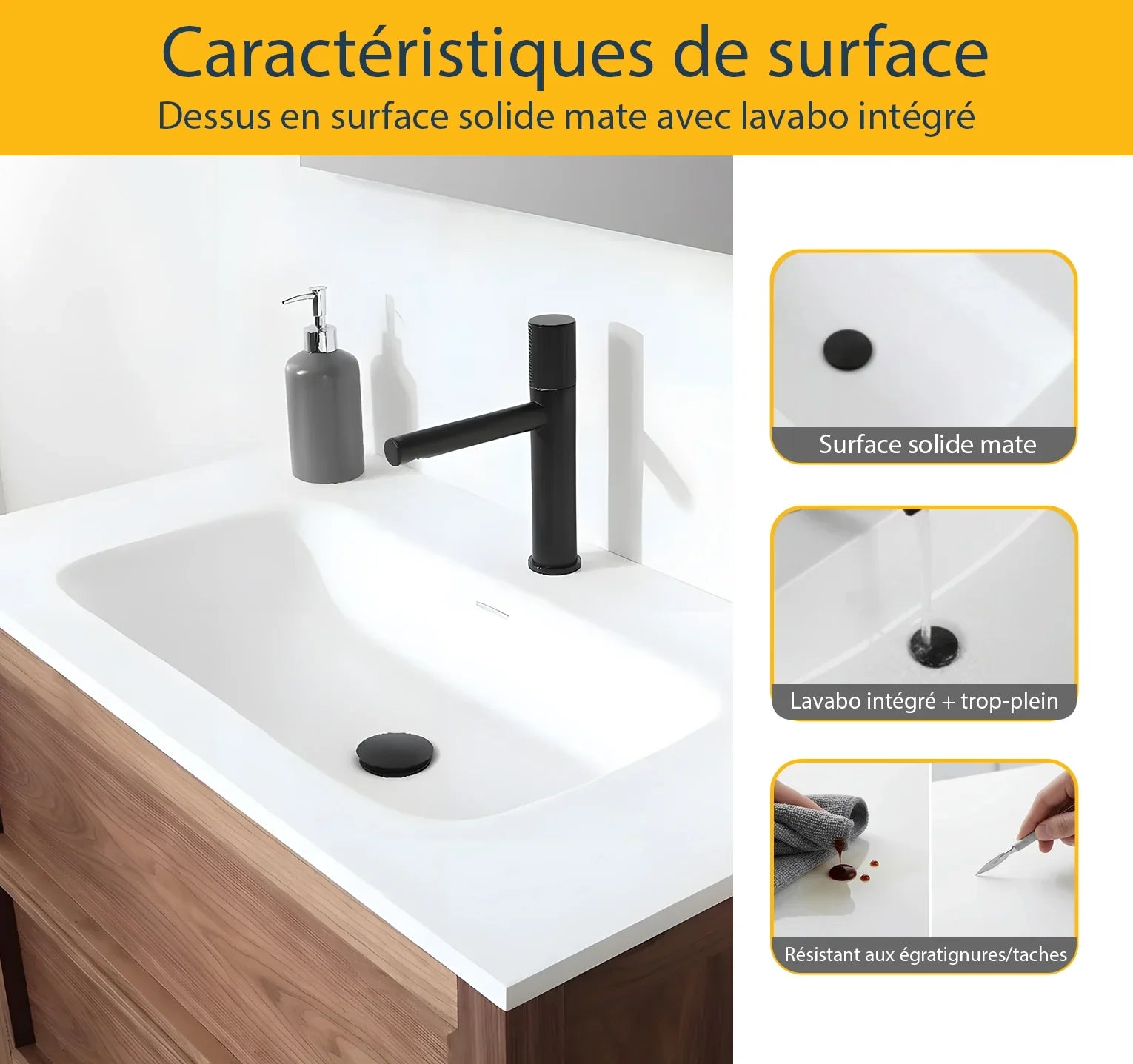 Meuble-Lavabo Autoportant 42po Noyer Naturel avec Comptoir de Surface Solide Blanc