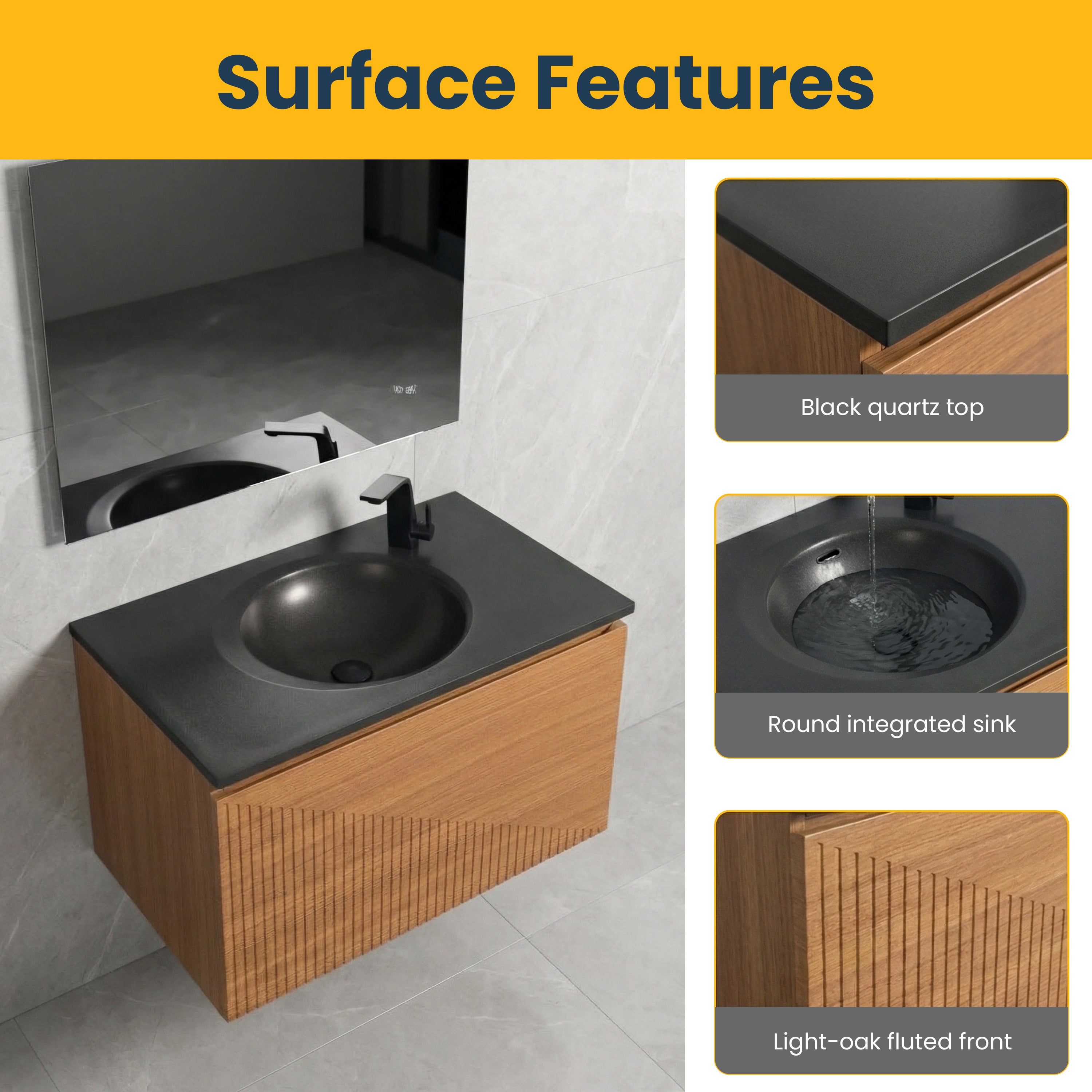 30" Light Oak Wall Mount Bathroom Vanity with Black Engineered Quartz Countertop