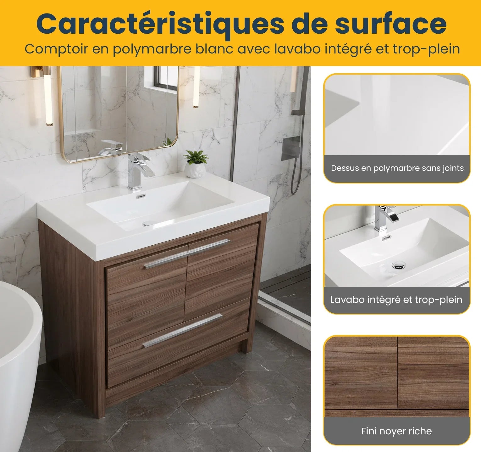 36" Walnut Freestanding Bathroom Vanity with White Polymarble Countertop