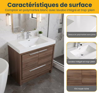 36" Walnut Freestanding Bathroom Vanity with White Polymarble Countertop