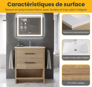 24" Rough Oak Freestanding Bathroom Vanity with White Polymarble Countertop