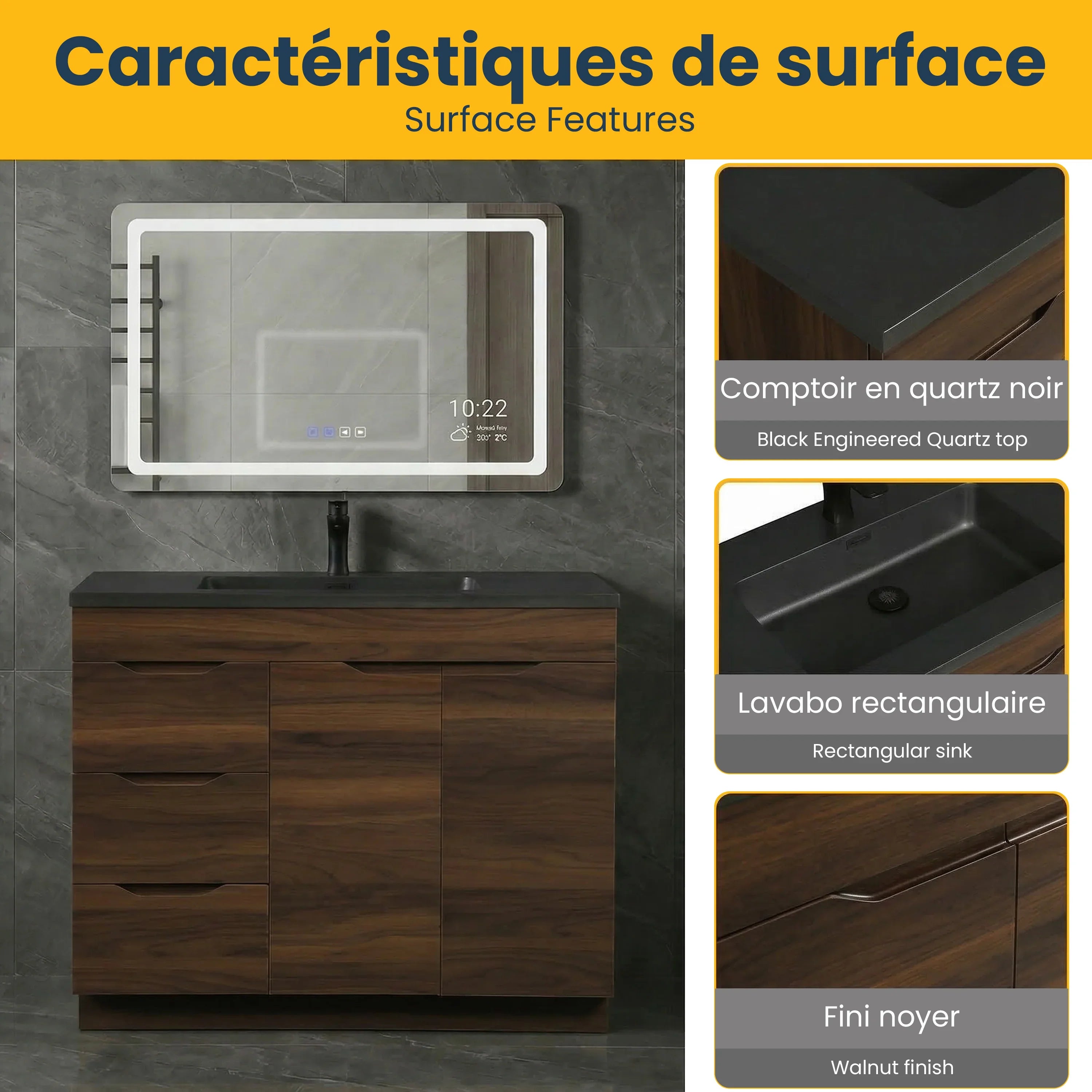 40 Inch Walnut Freestanding Bathroom Vanity with Black Engineered Quartz Countertop - Augusta Collection