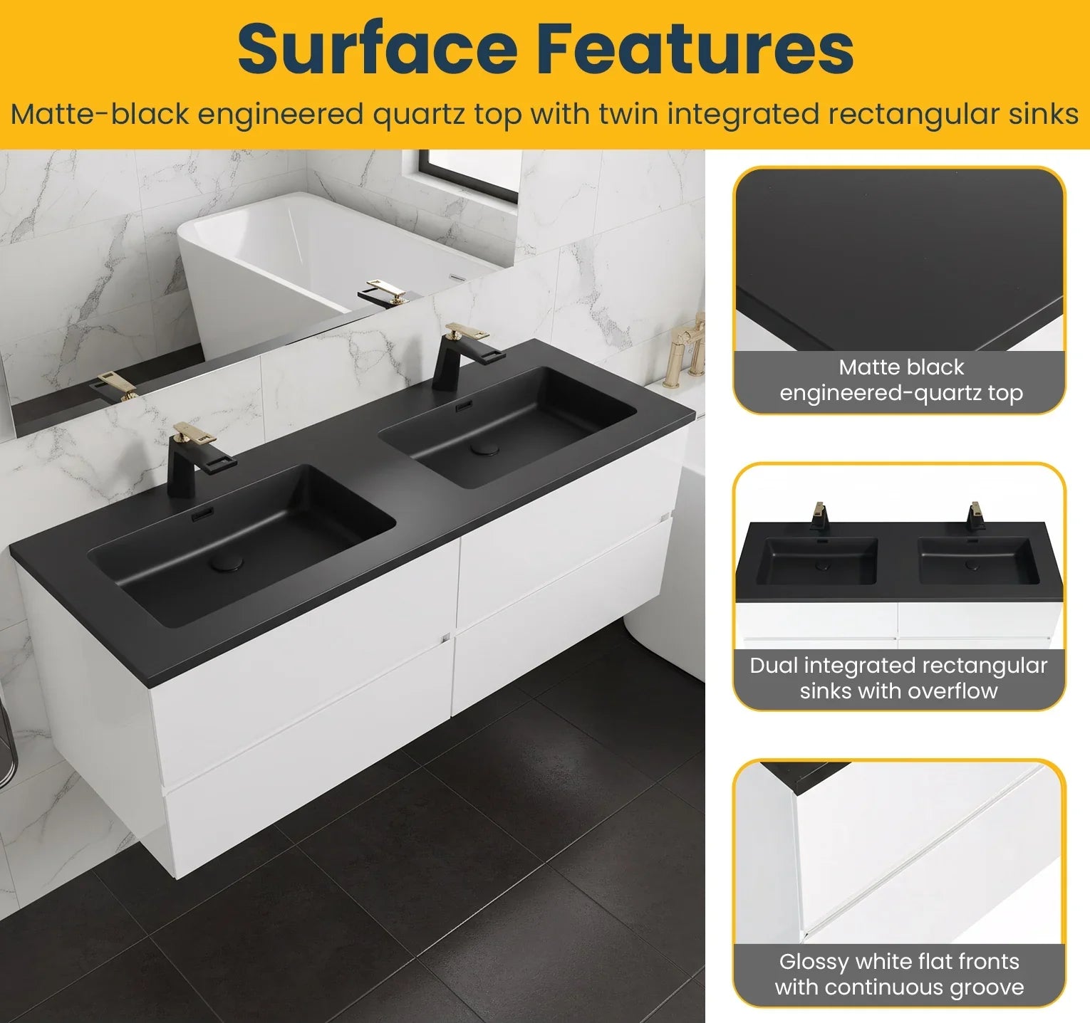 60" White Wall Mount Double Sink Bathroom Vanity with Black Engineered Quartz Countertop