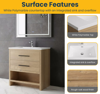 Meuble-lavabo autoportant en chêne brut de 30" avec Comptoir en polymarbre blanc