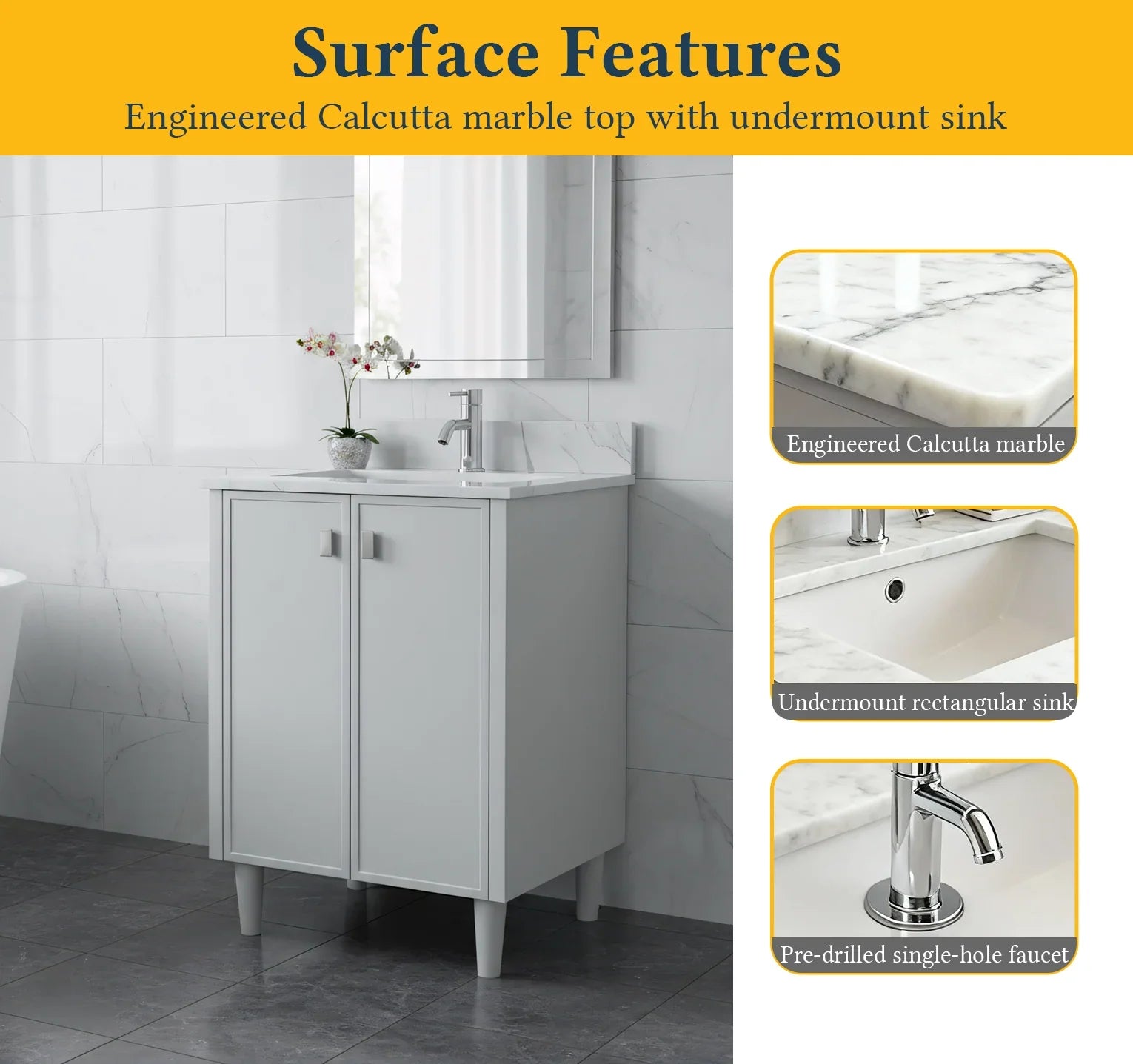 Meuble Lavabo Autoportant 24po Gris Hampton avec Comptoir Marbre Calcutta