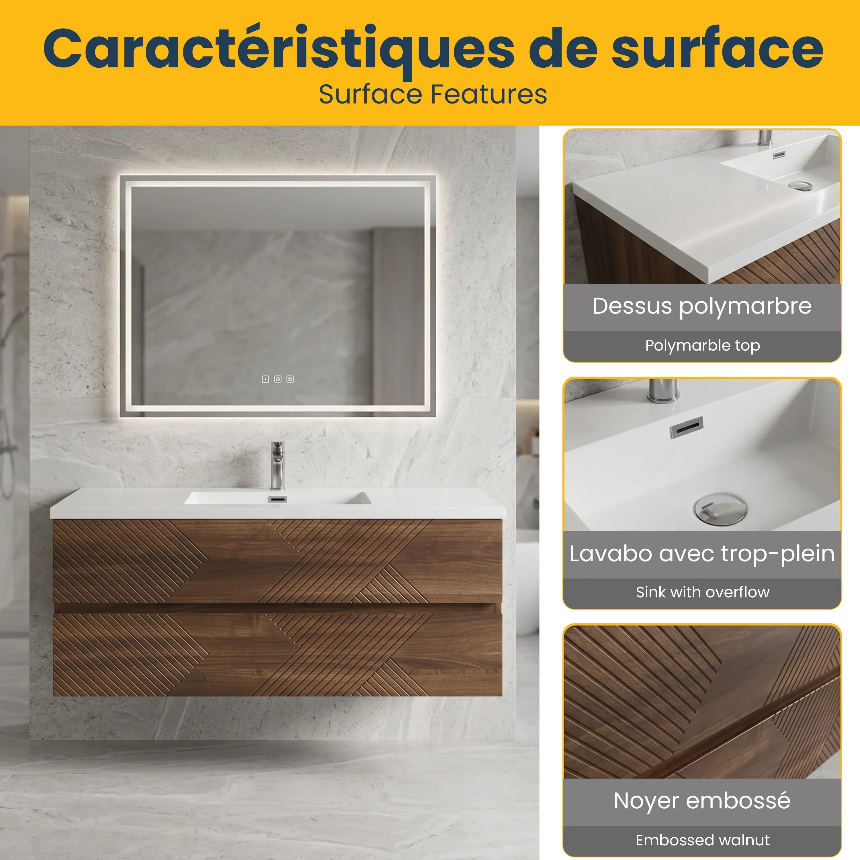 Meuble-Lavabo Mural 48po Noyer avec Comptoir de Polymarbre Blanc