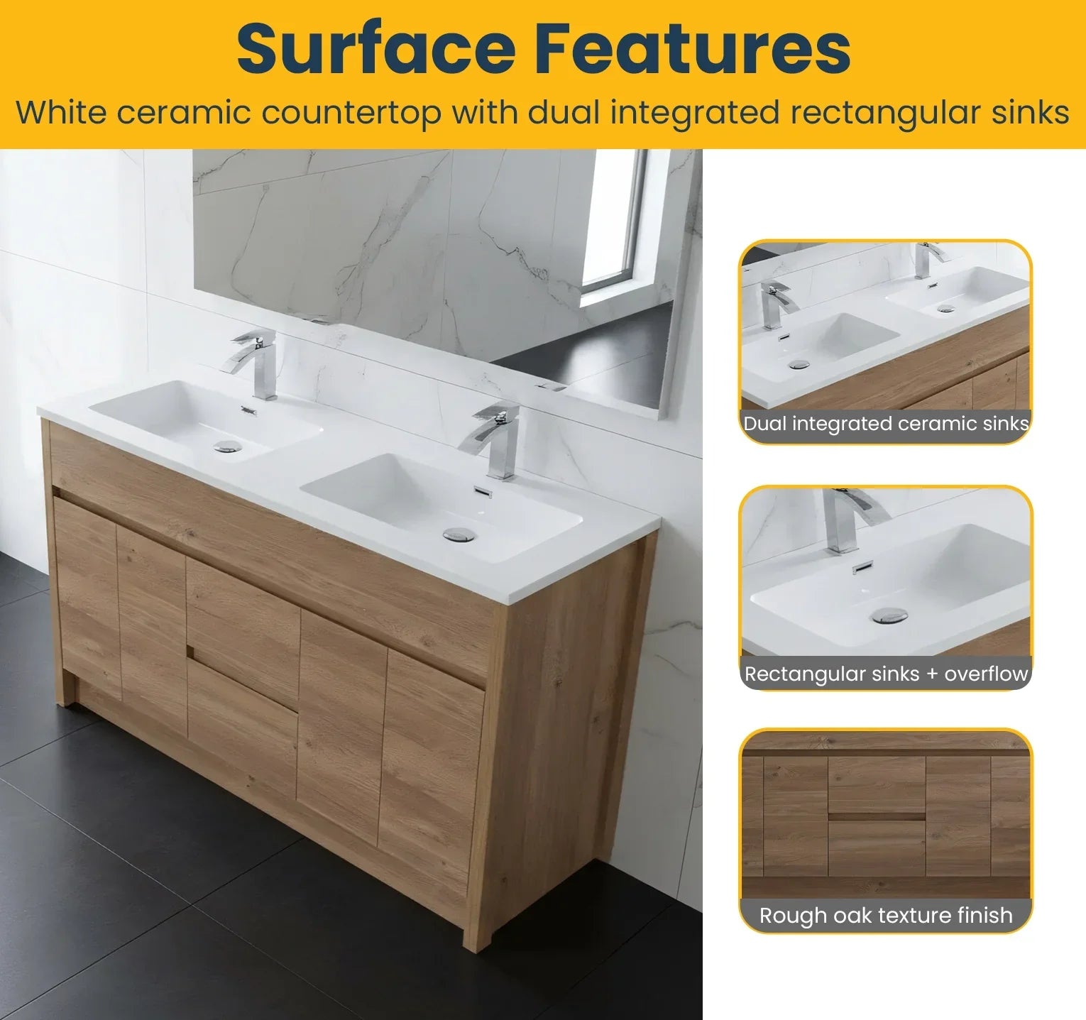 60" Rough Oak Freestanding Double Sink Bathroom Vanity with White Polymarble Countertop