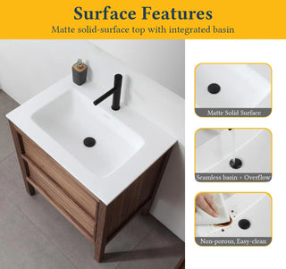 30" Natural Walnut Freestanding Bathroom Vanity with White Solid surface Countertop