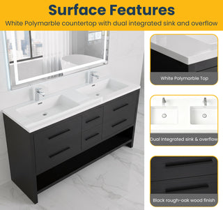 60" Black Oak Freestanding Double Sink Bathroom Vanity with White Polymarble Countertop