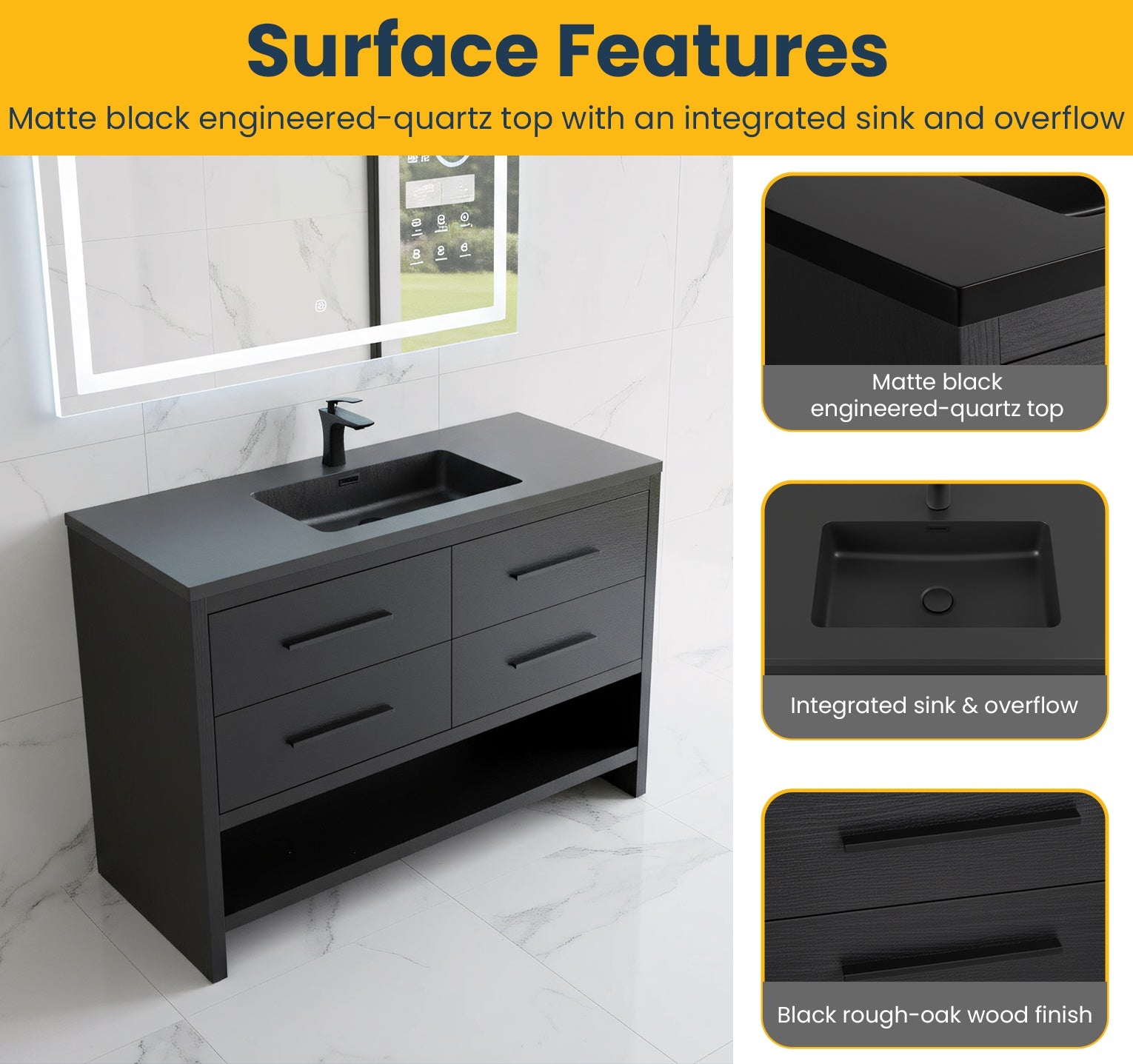 48" Black Rough Oak Freestanding Bathroom Vanity with Black Engineered Quartz Countertop