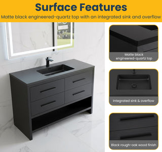 48" Black Rough Oak Freestanding Bathroom Vanity with Black Engineered Quartz Countertop