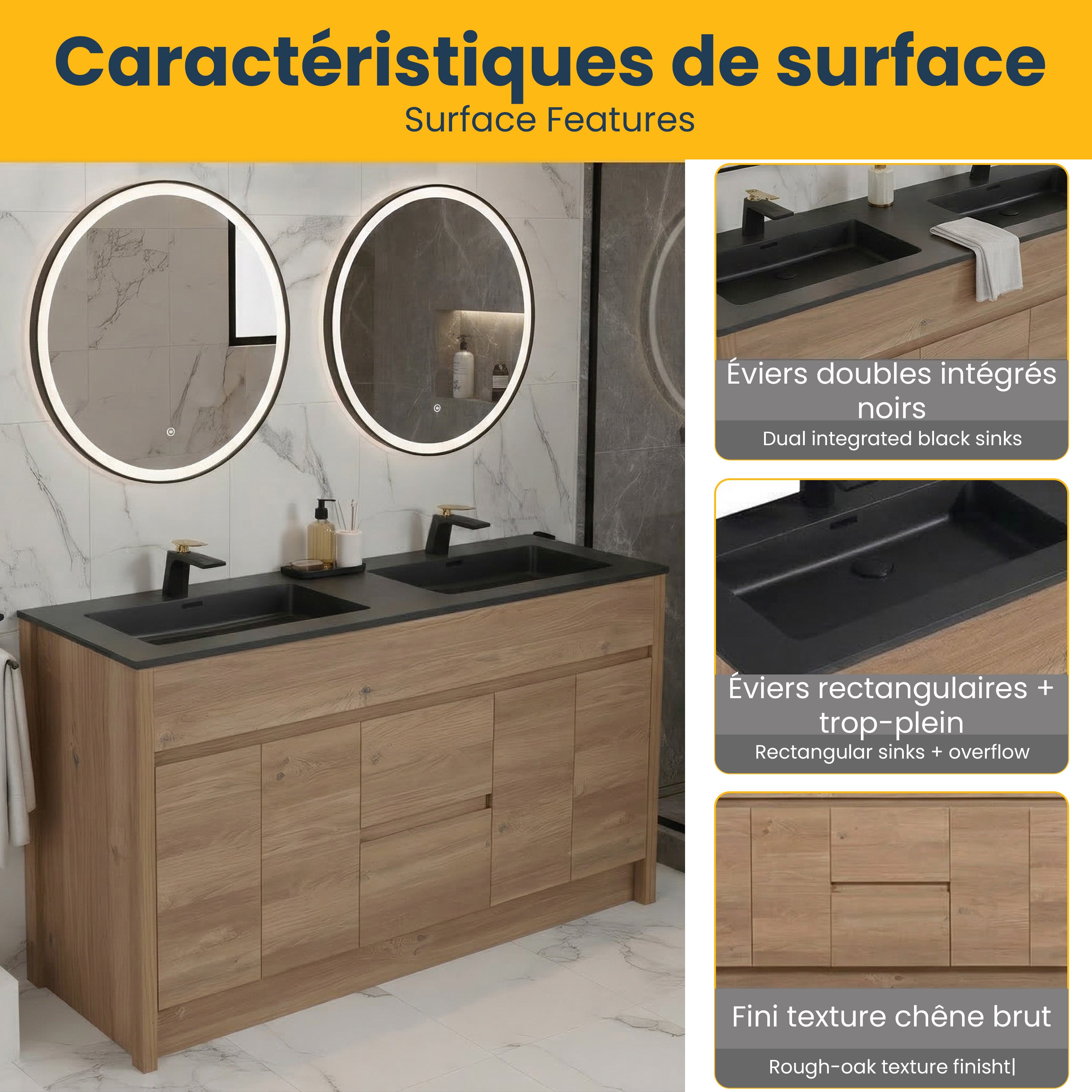 Meuble-Lavabo Autoportant 60po Chêne Brut avec Comptoir de Quartz d'ingénierie Noir