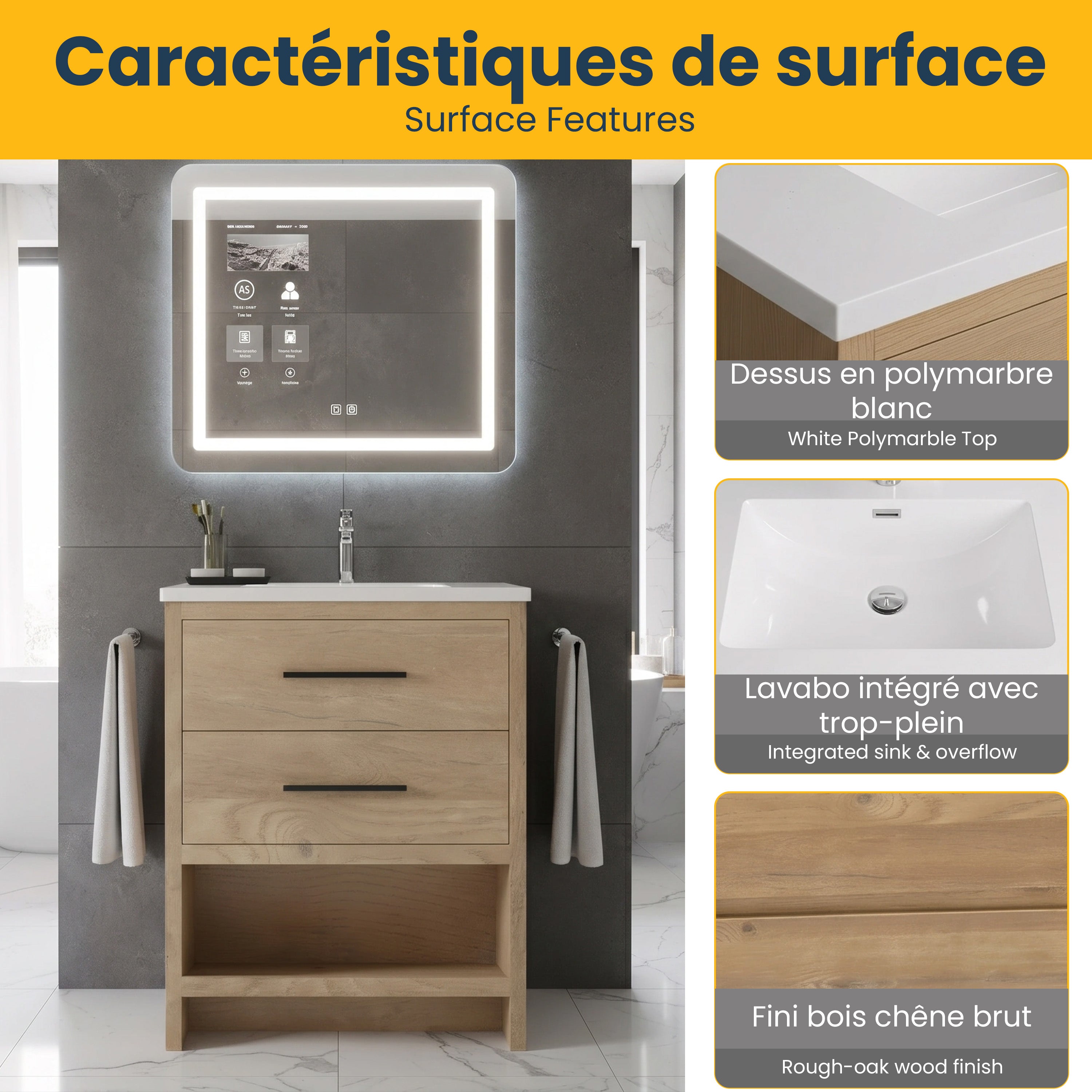 Meuble-lavabo Autoportant 24 po Chêne Brut avec Comptoir en Polymarbre Blanc