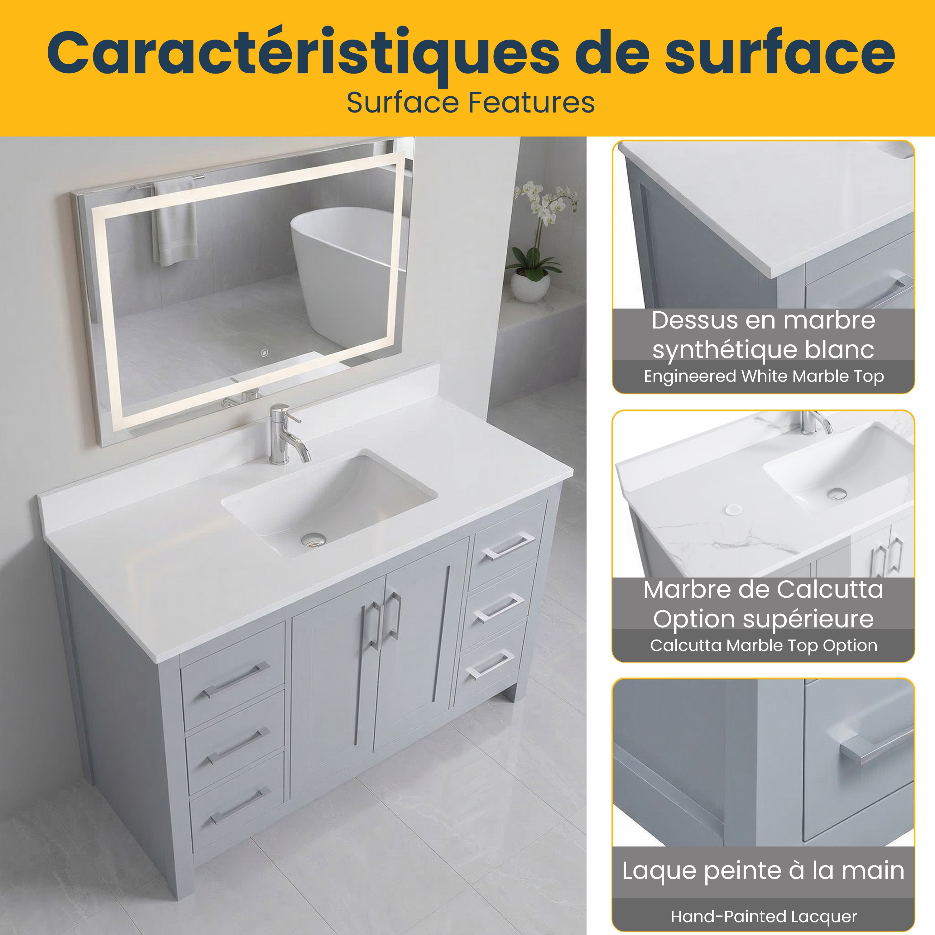 42" Hampton Grey Freestanding Single Sink Bathroom Vanity with Engineered White Marble Countertop
